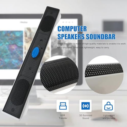 USB Computer/Laptop Speaker with Stereo Sound & Bass, Portable Mini Sound Bar for Windows PCs, Desktop Computer and Laptops