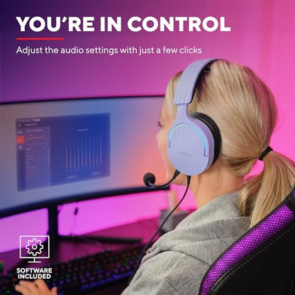 Trust Gaming GXT 490P Fayzo USB Gaming Headset 7.1 Surround Sound, 50mm Drivers, 35% Recycled Plastics, RGB Over-Ear Wired Headphones, with Noise Cancelling Microphone for PC PS5 - Purple - color: Purple, style: USB 7.1 Surround Sound