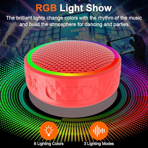 Bluetooth Shower Speaker, Portable Wireless Speaker Suction Cup, Bluetooth Speaker with RGB Lights, 360° HD Sound Sound Support TF Card Shower Radio for Outdoor/Travel/Gifts/Gym (Red)