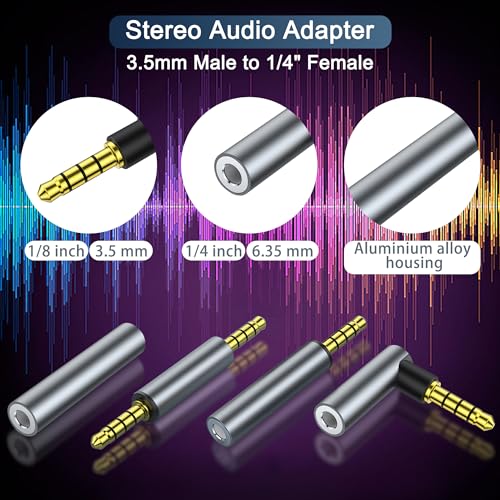 4 Pack 3.5mm Audio Adapter - 3.5mm TRRS Stereo Jack Adapter with Gold Plated Connectors, for Mobile Phones, Tablets, Car Audio, Speakers - style: 4 M/F/Angle