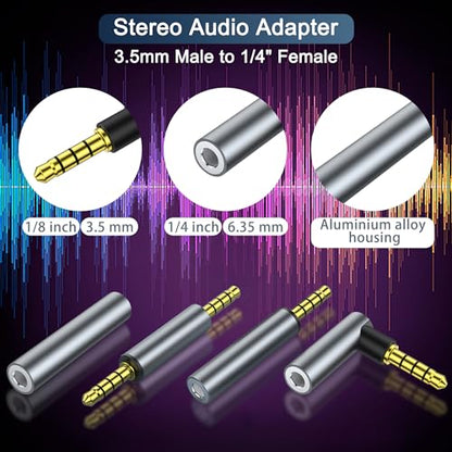 4 Pack 3.5mm Audio Adapter - 3.5mm TRRS Stereo Jack Adapter with Gold Plated Connectors, for Mobile Phones, Tablets, Car Audio, Speakers - style: 4 M/F/Angle