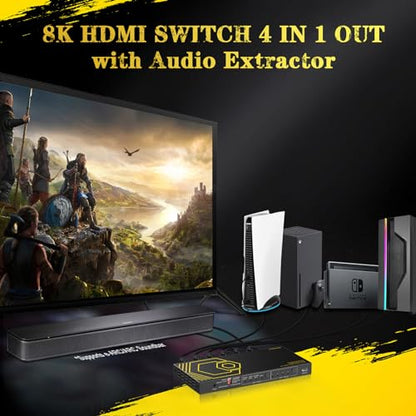 8K@60Hz 4K@120Hz HDMI2.1 Switch 4 in 1 Out with eARC,ARC Audio Extractor,7.1Ch,SPDIF 5.1Ch,48Gbps,HDCP2.3 Bypass,VRR,IR,3D,HDR 10,Dolby Atmos,Compatible with QLED TV,PS5,Xbox,Sonos Soundbar,Apple TV