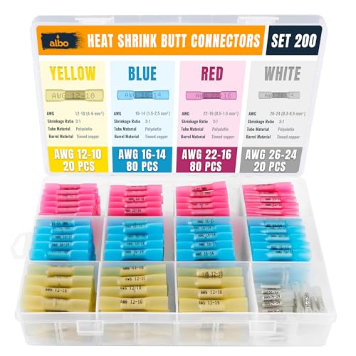 ALBO 200 Pcs Heat Shrink Butt Connectors for 26-10 AWG Electrical Wire | Strong Crimped Splices, Heat-Activated Seal Helps Block Moisture and Prevent Wire Pullout - color: Butt 200Pcs Set 26-10 AWG