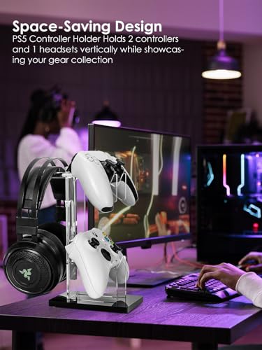 OAPRIRE Headset and Controller Stand, Space-Saving 2 Tier Game Controller Holder, Acrylic Controller and Headset Stand for Desktop, Universal Design Compatible with PS5/PS4/Xbox/Switch (Deep Black) - color: Black, size: 2 Tier-without lights