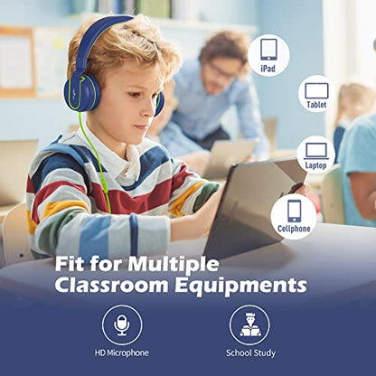 AILIHEN I35 Kids Headphones for School with Mic, 93dB Safe Volume, Green | Wired On Ear Headphones for Girls Boys, 3.5mm Foldable Lightweight for Classroom Chromebook, Laptop, Computer, Tablet - color: Blue Green