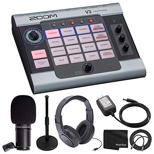 Zoom V3 Vocal Effects Processor + Zoom ZDM-1 Dynamic Microphone + Over-Ear Stereo Headphones + Microphone Stand + Zoom AD-16 9V AC Adapter + Mic Cable + Cloth - Deluxe Bundle