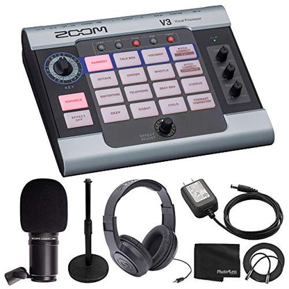 Zoom V3 Vocal Effects Processor + Zoom ZDM-1 Dynamic Microphone + Over-Ear Stereo Headphones + Microphone Stand + Zoom AD-16 9V AC Adapter + Mic Cable + Cloth - Deluxe Bundle