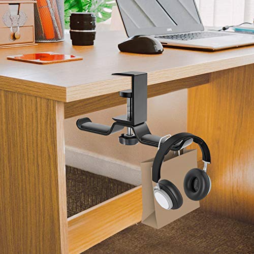 MoKo Headphone Hanger, Aluminum 360° Rotating Dual Headphone Stand Under Desk Headset Holder Earphone Mount with Adjustable Clamp for All Headphones,PC Gaming Headphone - Black
