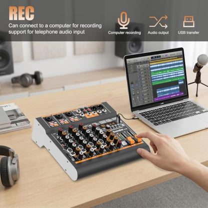 5 Channel Audio Mixer with Bluetooth & 99 DSP Effects for Streaming | 48V Phantom, 3-Band EQ, USB Rec, Stereo Inputs, Low Noise, Gain Control,Headphone Jack for Podcast, Church, Karaoke, Live