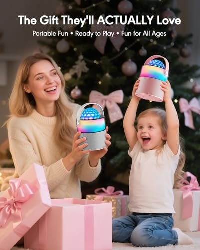 Karaoke Machine with Disco LED Lights for Kids Adults, Mini Portable Bluetooth Speaker with 2 Wireless Microphones, Birthday Gifts for Girls Family Party Basket Stuffers (Pink) - color: Pink