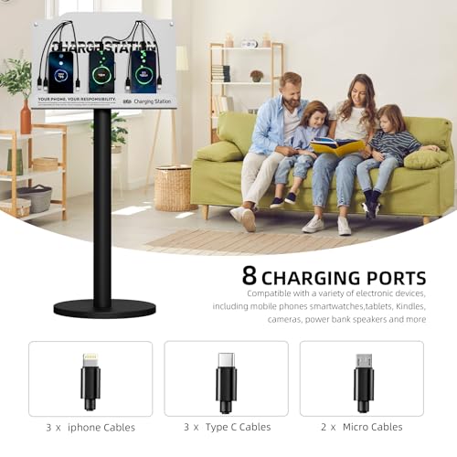 Floor Standing Cell Phone Charging Station with Fast Charigng Cables – 8 Device Charging Dock for Office, Hotel & Public Spaces | Compatible with iPhone ipad Smartphone Tablets Android Port (White) - color: White