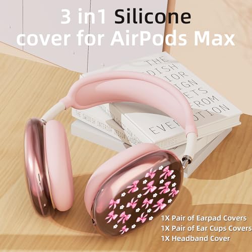 Pink Floral Bow Clear Case for Airpods Max Headphones Cute Kawaii Soft TPU Ear Cups Cover Anti-Scratch Silicone Ear Pad Protective Case Fshion Design Headband Cover for Apple Airpods Max - color: Flower bow 09