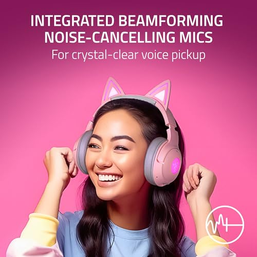 Razer Kraken Kitty V2 BT Wireless RGB Headset, Pink | Chroma RGB Kitty Ears & Earcups, Bluetooth 5.2, 40 mm Drivers, Noise-cancelling Mics, Lightweight, USB-C, 40 Hr Battery - color: Quartz Pink