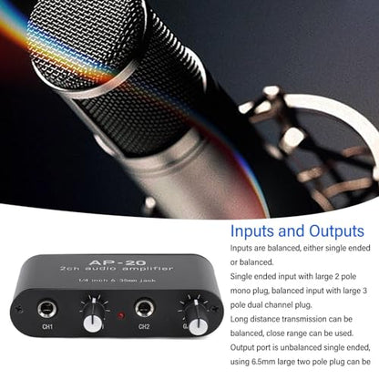 GOWENIC Dual Channel Sound Amplifier, 1/4 Inch 6.35mm Sound Preamplifier with Balanced Inputs Independent Adjustment Compatible with Sound Instruments, Amplifiers, Microphones