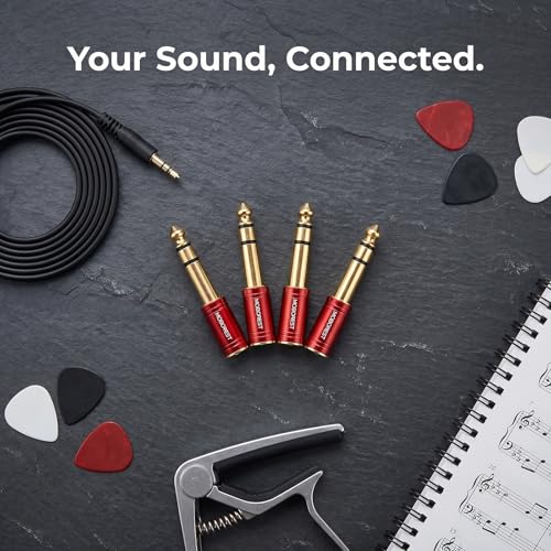 MOBOREST 1/4" Male to 3.5mm Female TRS Jack Headphones adapte, Red -4PCS | 6.35mm Male to 3.5mm Female adapter Pure Copper connectors for lossless TRS sound, guitar amp, piano, keyboard, mixer, studio - color: 4RED