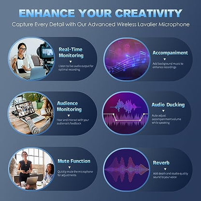 Wireless Lavalier Microphone for iPhone, Android Phone, Camera with Real-Time/Audience Monitoring, Audio Ducking, Accompaniment, Reverb, Mute, Noise Cancellation - Mini Clip-on Lapel Bluetooth Mic