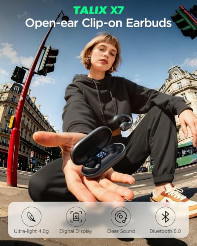 TALIX Open Ear Clip-On Wireless Bluetooth 6.0 Earbuds X7, Black | Ultra-Light 4.8g, LED Battery Display, Clear Sound, Bluetooth 6.0, Dual-Device Switching, IPX4 Sweatproof, Touch Control - color: Black