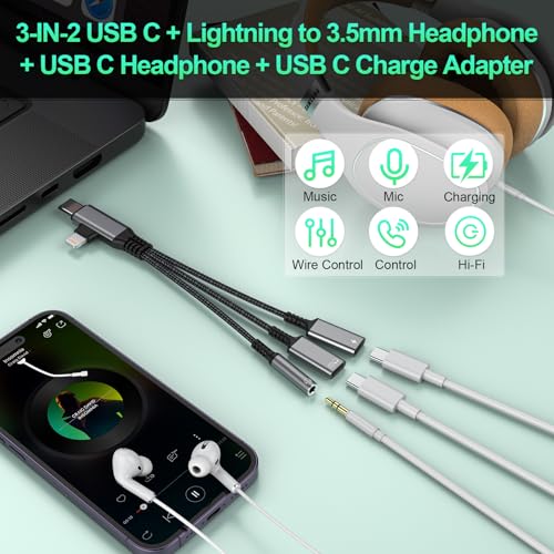 3-in-2 USB C/Lightning to 3.5mm Audio Jack Headphone+USB C Earphone Jack+Type-C Charger Splitter,Apple Aux Adapter for iPhone 16 15 14 13 12 XR/XS/Pro Max/Plus,iPad Pro/Air,Samsung Galaxy S24—Silver