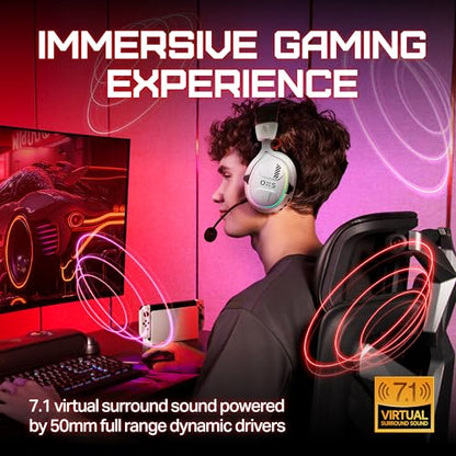 OXS Storm G2 Wireless Gaming Headsets, 7.1 Virtual Surround Sound, 3 EQ Modes, 2.4G Low Latency, 50mm Driver, 40H Playtime, RGB Light, Bluetooth 5.3, Compatible with PC, Console, Mobile, White - color: White