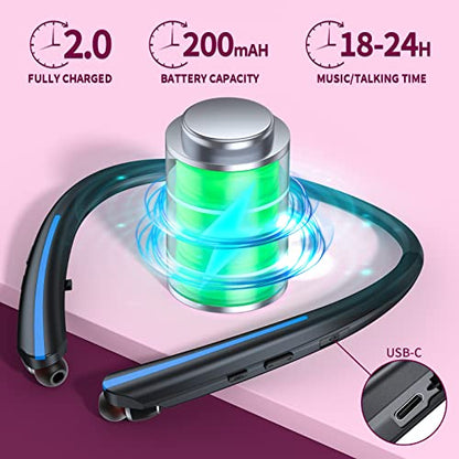 Bluetooth Headphones Retractable, Wireless Earbuds Neckband IPX5 Sweatproof, Bluetooth Headset with Microphone Vibration Call, Stereo Noise Cancelling Earphones (Black Blue) - color: black blue