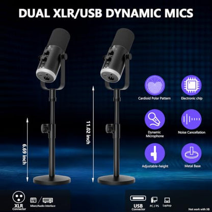 M100 2‑Person Podcast Equipment Bundle,XLR/USB Dynamic Mics & Audio Mixer - color: Two dynamic mics bundle