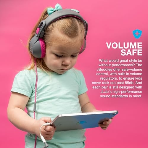 JLab JBuddies Studio 2 On-Ear Kids Wired Headphones, Grey/Pink, Toddler Headphones, Kid Safe, Studio Volume Safe, Volume Limiter, Folding, Adjustable, Noise Isolation, with Mic