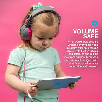 JLab JBuddies Studio 2 On-Ear Kids Wired Headphones, Grey/Pink, Toddler Headphones, Kid Safe, Studio Volume Safe, Volume Limiter, Folding, Adjustable, Noise Isolation, with Mic