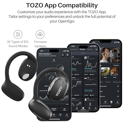 TOZO OpenEgo Open Ear Earbuds 80H Bluetooth 5.3 Headphones Sport Earbuds | Open Ear Structure with Earhooks, 32 EQ Modes, Digital LED Display,HD Clear Calls, Comfort Wear For Running, Travel, Office - color: Black
