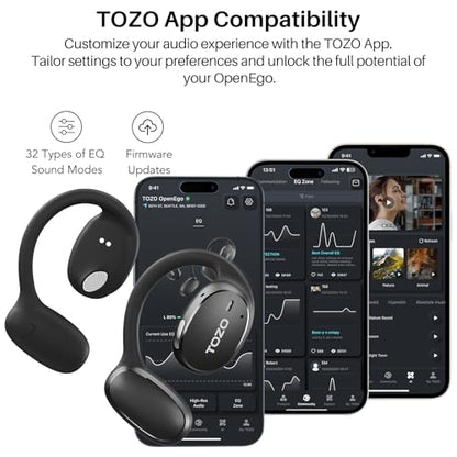 TOZO OpenEgo Open Ear Earbuds 80H Bluetooth 5.3 Headphones Sport Earbuds | Open Ear Structure with Earhooks, 32 EQ Modes, Digital LED Display,HD Clear Calls, Comfort Wear For Running, Travel, Office - color: Black