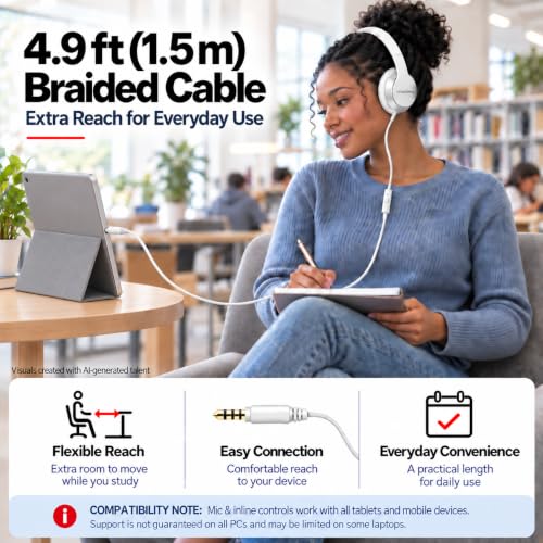 3.5mm Wired Headphones with Mic, Over-Ear, for School, Teen & Adult, White - color: White