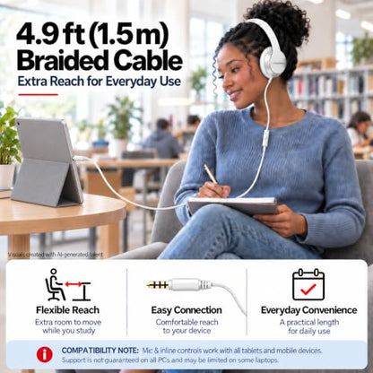 3.5mm Wired Headphones with Mic, Over-Ear, for School, Teen & Adult, White - color: White