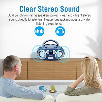 MEGATEK Portable CD Player Boombox with Bluetooth & FM Radio – Blue Jay | USB Playback, Clear Stereo Sound, AUX Input, Headphone Jack, CD-R/RW & MP3-CD Support, LCD Display, AC/Battery Powered - color: Blue Jay