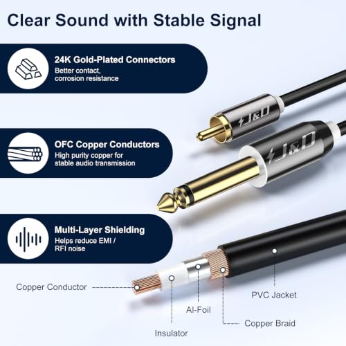 J&D 1/4 to RCA Cable, Gold Plated Copper Shell Heavy Duty 2X6.35mm TS to Dual RCA Stereo Audio Interconnect Cord for AV Receivers, Speakers, Home Audio Systems, Amplifiers, 3 Feet - size: 3 Feet