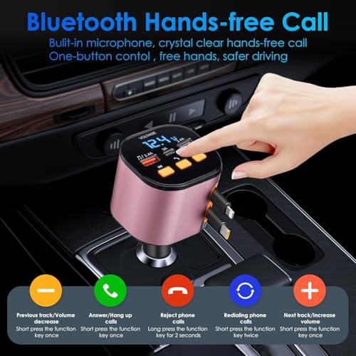 Retractable Car Charger,5 in 1 Fast Car Phone Charger 90W,Bluetooth 5.3 FM Transmitter Adapter,Handsfree Call,2 Retractable Cables and USB Cars Chargers for iPhone 17/16/15/14/13/Galaxy/Pixel - color: Pink