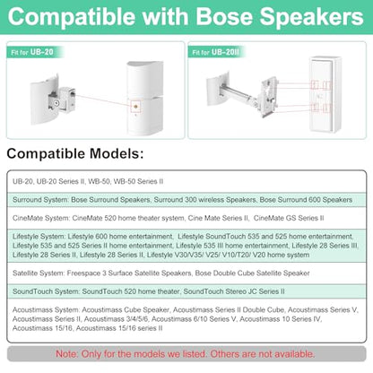 (2 Pack) Adjustable Speaker Wall Mount for Bose Speaker Mount, Ceiling & Wall Mount for Bose UB-20, UB-20 Series II, WB-50 II, Lifestyle Series, Soundtouch Series, Cinemate, Acoustimass Series White - color: White