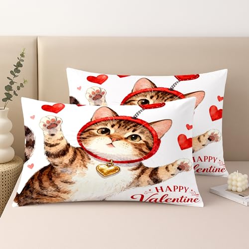 Cat Throw Pillow Covers Set of 2, Playful Fanciful Hearts Red Headband Valentine Red with Hidden Zipper Cover Decorative Pillows for Living Room Bedroom Loft Office Car Decor 20x12 Inch - size: 20" x 12" (Pack of 2)