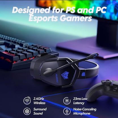 NUBWO Wireless Gaming Headset with Mic for Ps5 Ps4 PC, Zero Interference, 100-Hour Battery All-Day Play, 23ms Sync for Fortnite & Call of Duty/FPS Gamers, Triple Mode All Devices Compatible - Blue - color: Blue