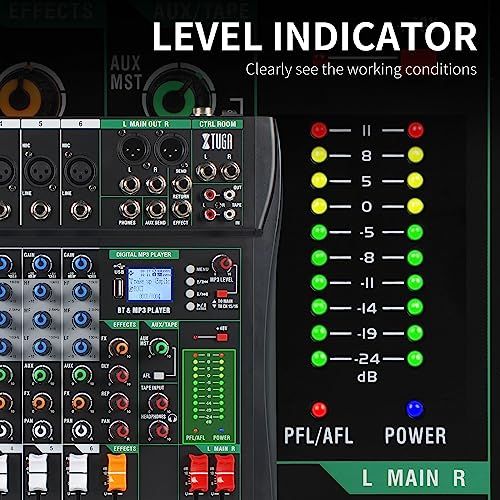 XTUGA 6 Channel Audio Mixer,Professional Digital Sound Board DJ Mixer(CT60) | 48V Phantom Digital Effect,3-band EQ,Bluetooth DJ Mixing Console System,Sound Mixer for PC Podcast Studio Streaming Recording
