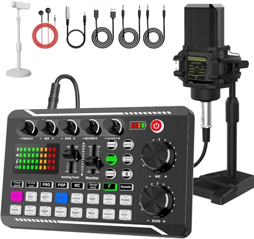 F998 Podcast Equipment Bundle, Audio Interface & BM888 Recording Studio Microphone, Professional Live Sound Card w/Dj Mixer Effects & Voice Changer for Live Streaming Gaming YouTube TikTok(Black)
