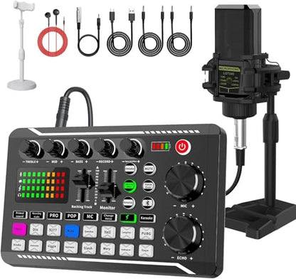 F998 Podcast Equipment Bundle, Audio Interface & BM888 Recording Studio Microphone, Professional Live Sound Card w/Dj Mixer Effects & Voice Changer for Live Streaming Gaming YouTube TikTok(Black)