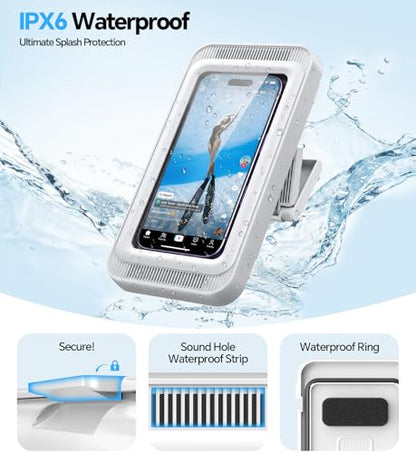 Coolpow Shower Phone Holder Waterproof with Speaker Holes Wall Mount Case | 480° Adjustable, Enhanced Sound Quality Waterproof & Anti-Fog Bathroom Phone Holder Mount Stand, 4"-7" Phones - color: White