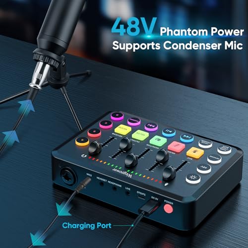 Wegrower W-11BK Rechargeable Audio Mixer with Tripod | 48V Phantom Power, Dual Mic Inputs, RGB Lighting, 1-Click Noise Cancel, Voice Changer