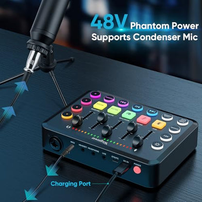 Wegrower W-11BK Rechargeable Audio Mixer with Tripod | 48V Phantom Power, Dual Mic Inputs, RGB Lighting, 1-Click Noise Cancel, Voice Changer