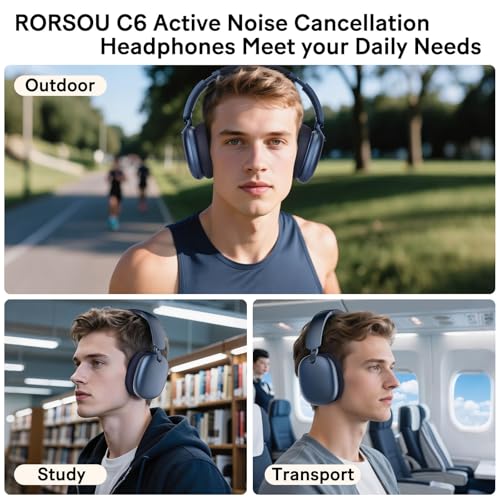 C6 Active Noise Cancelling Headphones, Wireless Over Ear Bluetooth Headphones, 60H Playtime, Lightweight Folding Deep Bass Comfort Fit Ear Cups Headset with Mic for iPad/Travel/PC/Home Blue - color: Blue