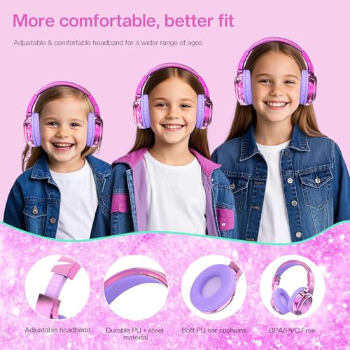 QearFun Kids Bluetooth Headphones, 60H Playtime, 74/85/94dB Volume Limit | For school, tablet, travel, kids wireless headphones feature HD mic, fast charging, foldable design, boys girls, wired mode - color: A-Purple