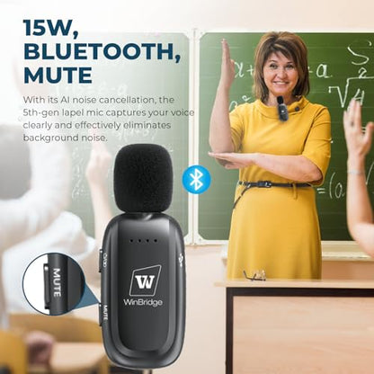 WinBridge Wireless Voice Amplifier with Clip-On Lapel Mic for Teachers | 15W Portable PA System with Bluetooth, 12H+ Battery, Auto-Pairing , Instant Mute, Ultra-Light Lavalier Microphone WB005
