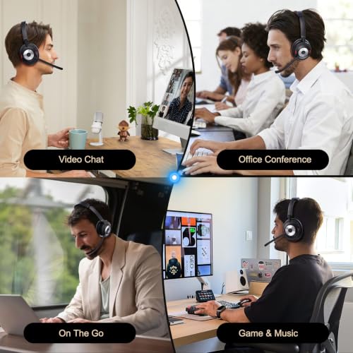 Bluetooth Headset with Microphone for PC & Laptop, Wireless Office Headset with USB Dongle, ENC Noise Cancelling Mic, 30H Talk Time, On-Ear Computer Headset for Zoom Teams Call Center