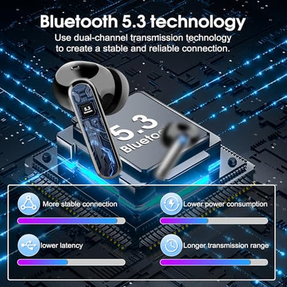 Csasan Wireless Earbuds Bluetooth 5.3 Headphones, 40H Playtime in-Ear Earphones, Mini Bluetooth Earbuds with ENC Noise Cancelling Mic, Deep Bass Stereo Ear Buds, LED Display, IPX7 Waterproof Earphones - color: Black