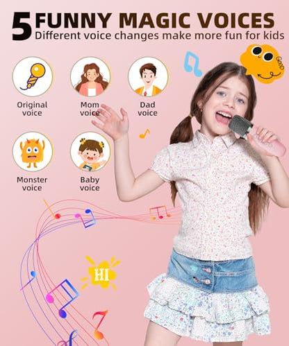 Kids Karaoke Machine Toy Ages 3-12, Mini 2 Wireless Mics Bluetooth Speaker | LED Party Lights, Voice Changer, Duets, BT 5.3, Rechargeable Portable, Christmas Birthday Gifts for Toddler Boys & Girls - color: Pink - 2 Mics
