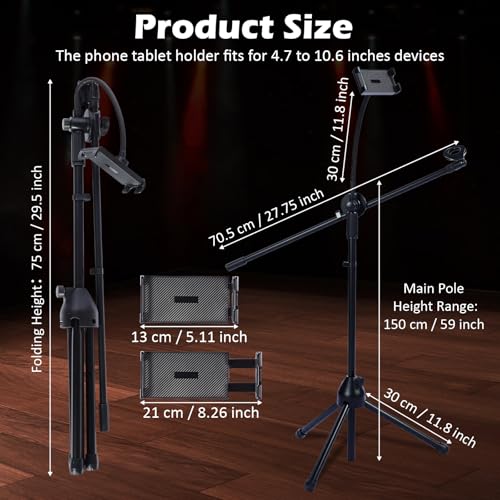 Sherr 2 Pcs Microphone Stand Boom Bulk, Adjustable Height Tripod Mic Stand with Dual Clip Foldable Universal Heavy Duty Tripod Holder for Livestream Singing Stage (Mic with Tablet Holder) - style: Mic with Tablet Holder